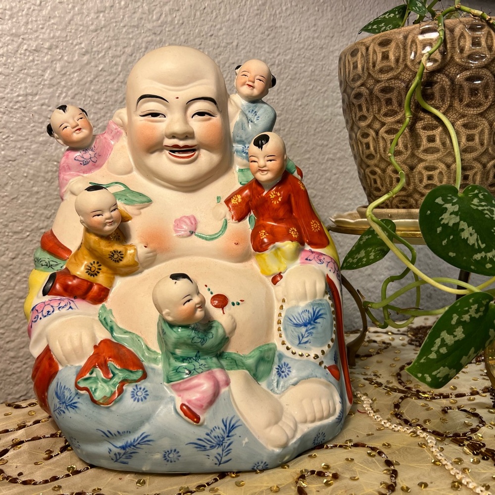 Chinese Asian Laughing Happy Buddha With Climbing Children Porcelain Vintage